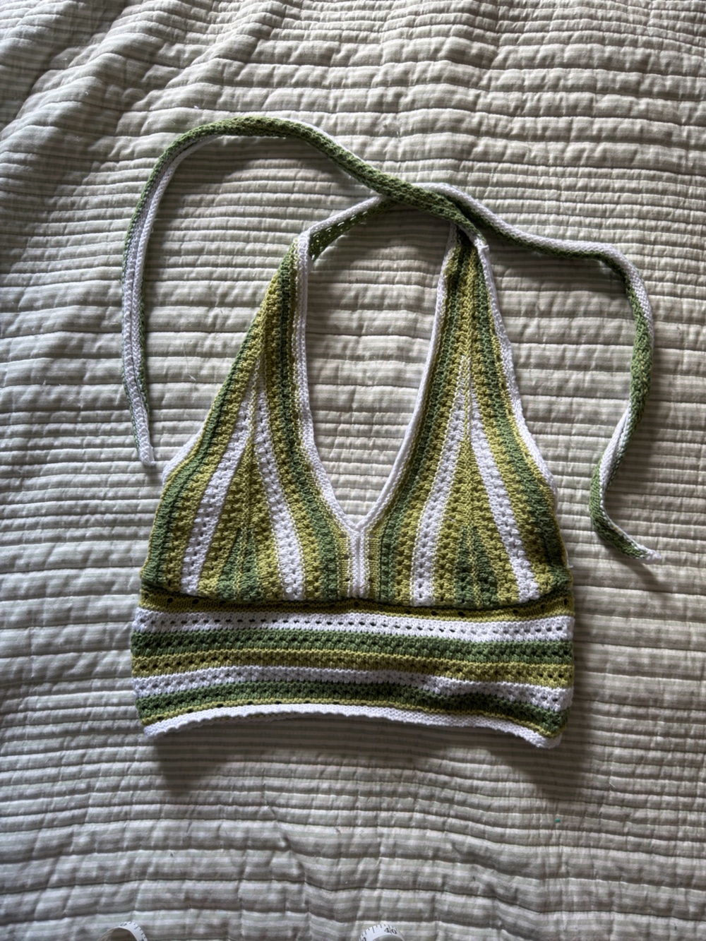 Hollister Striped Crocheted Halter Top in Green and White